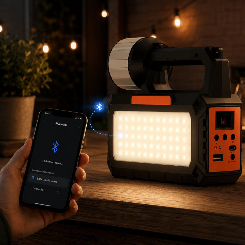Solcelle lampe med LED, Solpanel, FM Radio, Bluetooth & 3 Ekstra Lamper