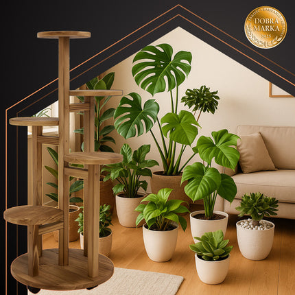 Högt blomställ i trä - växthållare med 6 nivåer för 7 krukor