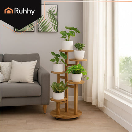 Högt blomställ i trä - växthållare med 6 nivåer för 7 krukor