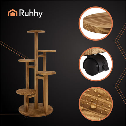 Högt blomställ i trä - växthållare med 6 nivåer för 7 krukor