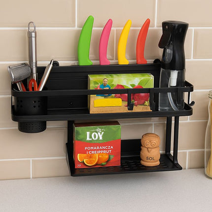 Køkkenreol til væg, dobbeltlags –opbevaring med cutter-Holder og redskabsspand