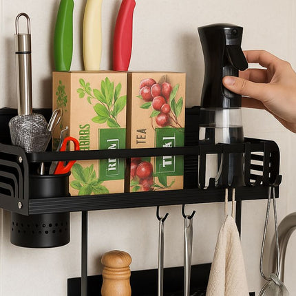 Køkkenreol til væg, dobbeltlags –opbevaring med cutter-Holder og redskabsspand