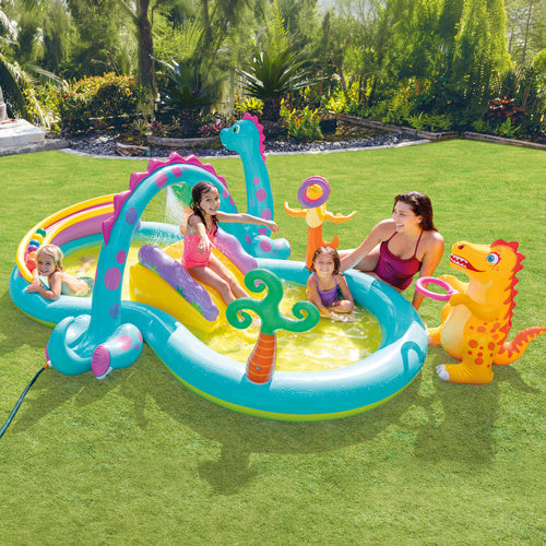 Dinoland Vandlegeplads med Rutsjebane, Springvand og 6 Bolde – 302 x 229 x 112 cm