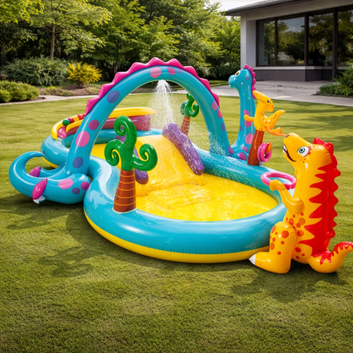 Dinoland Vandlegeplads med Rutsjebane, Springvand og 6 Bolde – 302 x 229 x 112 cm