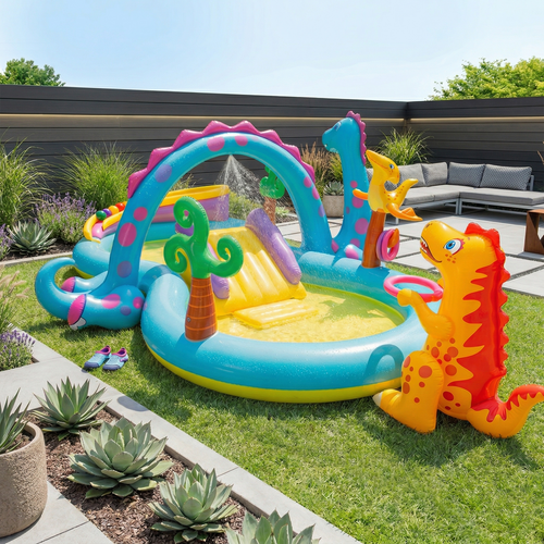 Dinoland Vandlegeplads med Rutsjebane, Springvand og 6 Bolde – 302 x 229 x 112 cm