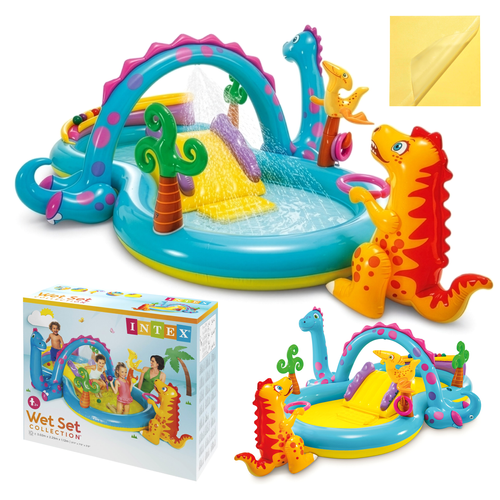 Dinoland Vandlegeplads med Rutsjebane, Springvand og 6 Bolde – 302 x 229 x 112 cm