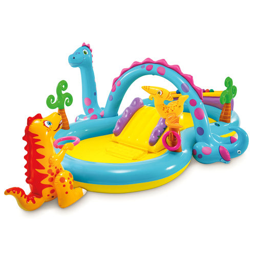 Dinoland Vandlegeplads med Rutsjebane, Springvand og 6 Bolde – 302 x 229 x 112 cm
