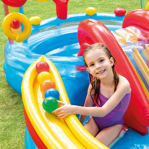 Rainbow Vandlegeplads med Rutsjebane, Springvand, Ringe og Bolde – 297 x 193 x 135 cm