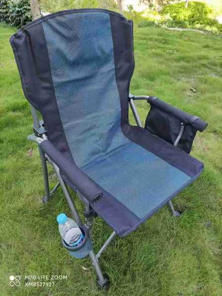 Campingstol, Sammenklappelig med høj ryg og kopholder – blå og grå