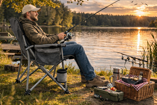 Campingstol, hopfällbar med hög rygg och mugghållare – blå och grå