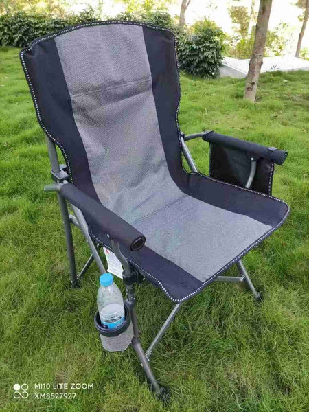 Campingstol, hopfällbar med hög rygg och mugghållare – blå och grå