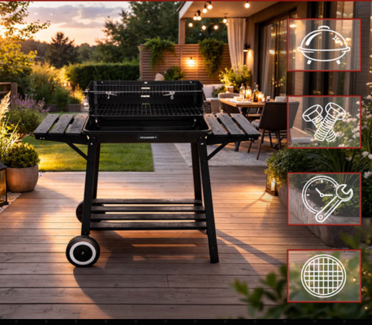 Kulgrill med Rotisserie og varmehylde – Stabil havegrill med hylder
