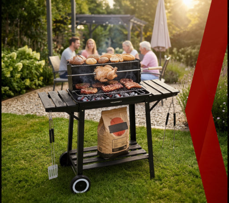 Kulgrill med Rotisserie og varmehylde – Stabil havegrill med hylder