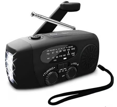 Laddningsbar nödradio med solcell, dynamo, ficklampa och powerbank-funktion
