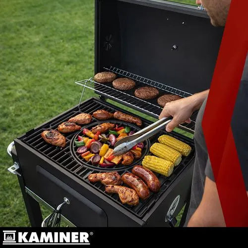 Kulgrill med Låg & Termometer – Stor Havegrill med Støbejernsrist, Askeskuffe & Tilbehør