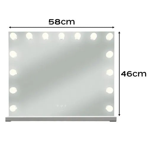 Hollywood Makeup Spejl med LED Lys – 58 x 46 cm, 15 LED Pærer & 10x Forstørrelsesspejl