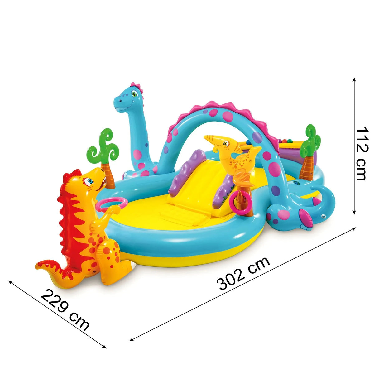 Dinoland Vattenlekplats med Rutchkana, Fontän och 6 Bollar – 302 x 229 x 112 cm